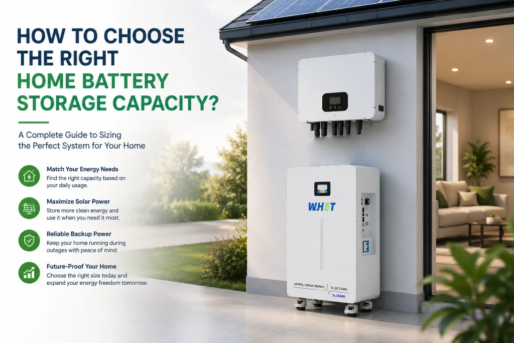 Home battery storage sizing guide showing 5kWh, 10kWh, 16kWh, 32kWh and 48kWh LiFePO4 battery systems